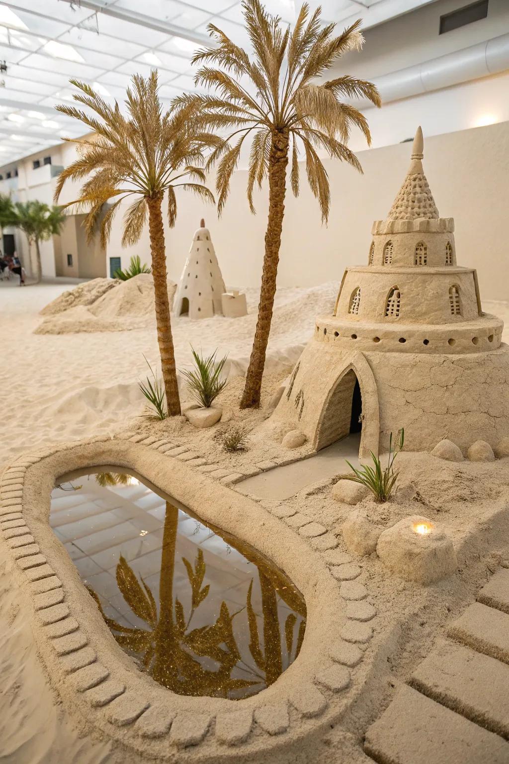 Escape to a tranquil desert oasis with this beautifully crafted sandcastle, where minimalism meets nature's elegance.