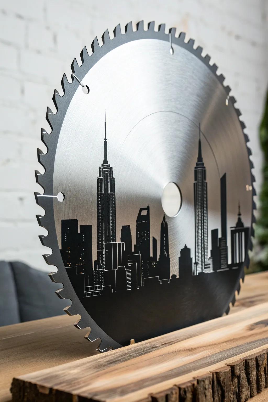 Transform your space with urban elegance: city skyline art on a saw blade.