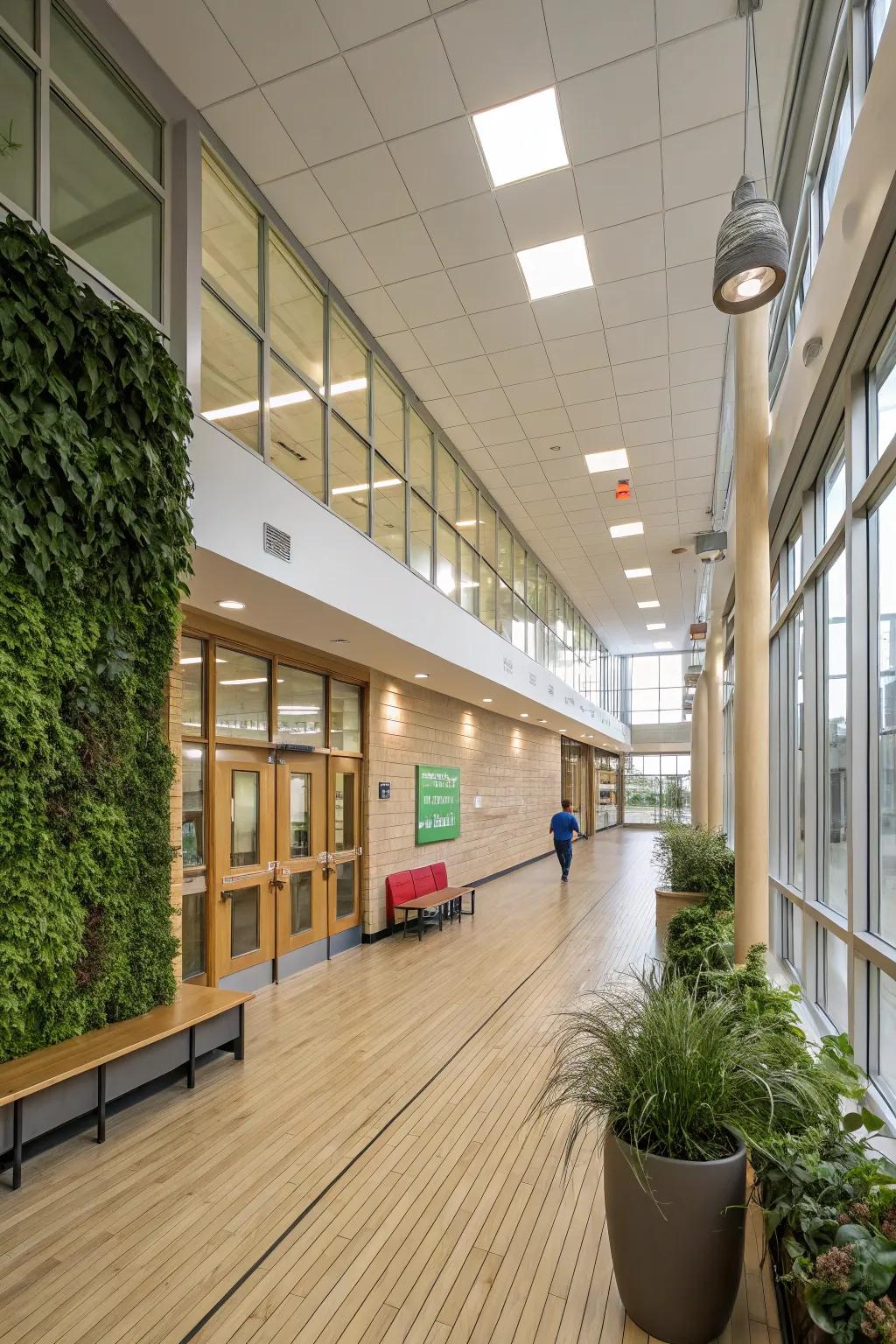 A school lobby designed with eco-friendly materials, promoting sustainability.