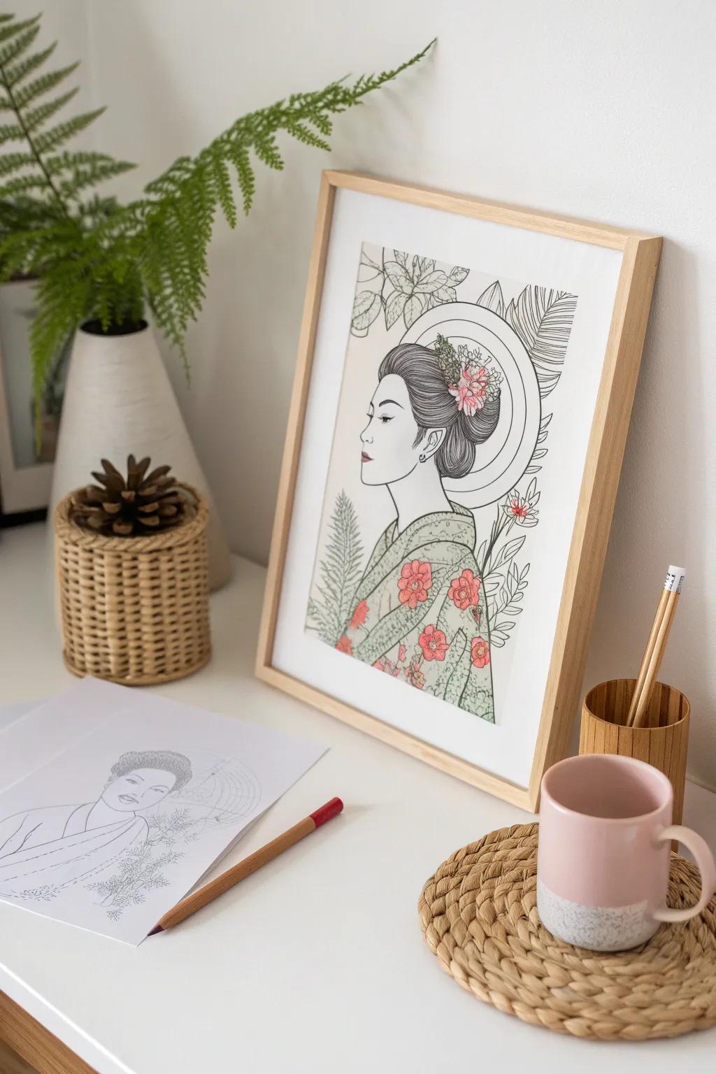 Discover the art of cultural fusion in your self-portrait, blending simplicity and beauty with a touch of Japanese elegance.