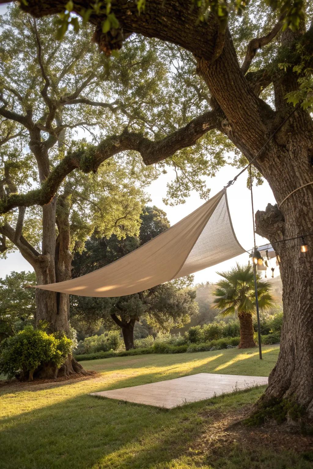 Embrace nature with a touch of elegance—shade sails meet ancient oaks for the perfect outdoor retreat.