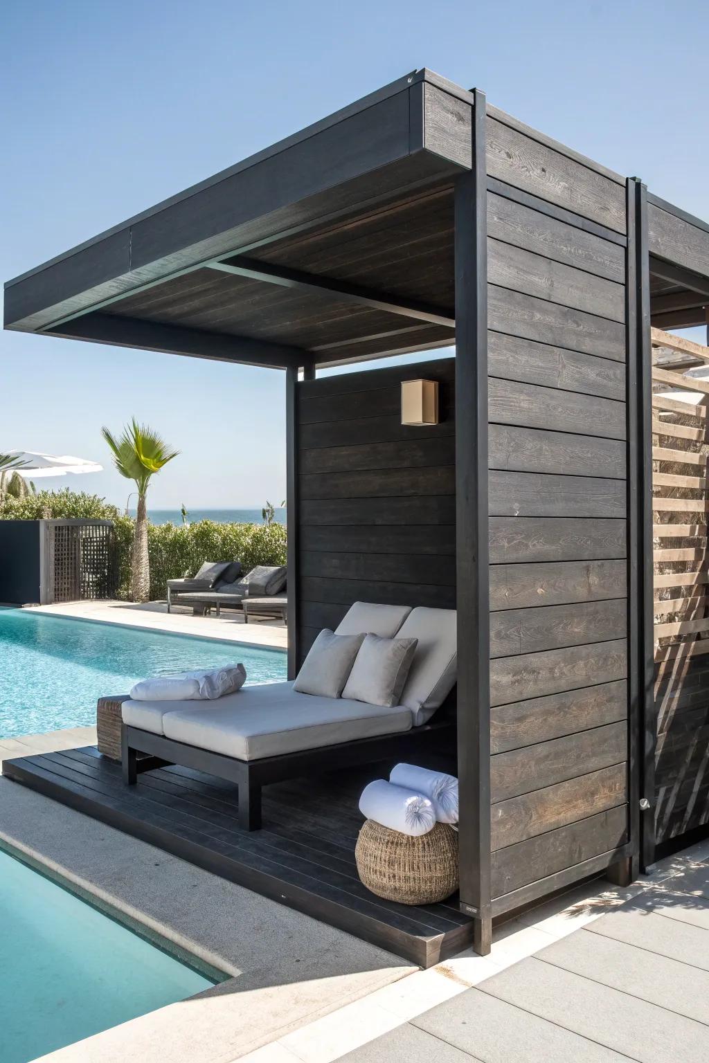 Transform your shed into a sleek poolside cabana for the ultimate relaxation spot.