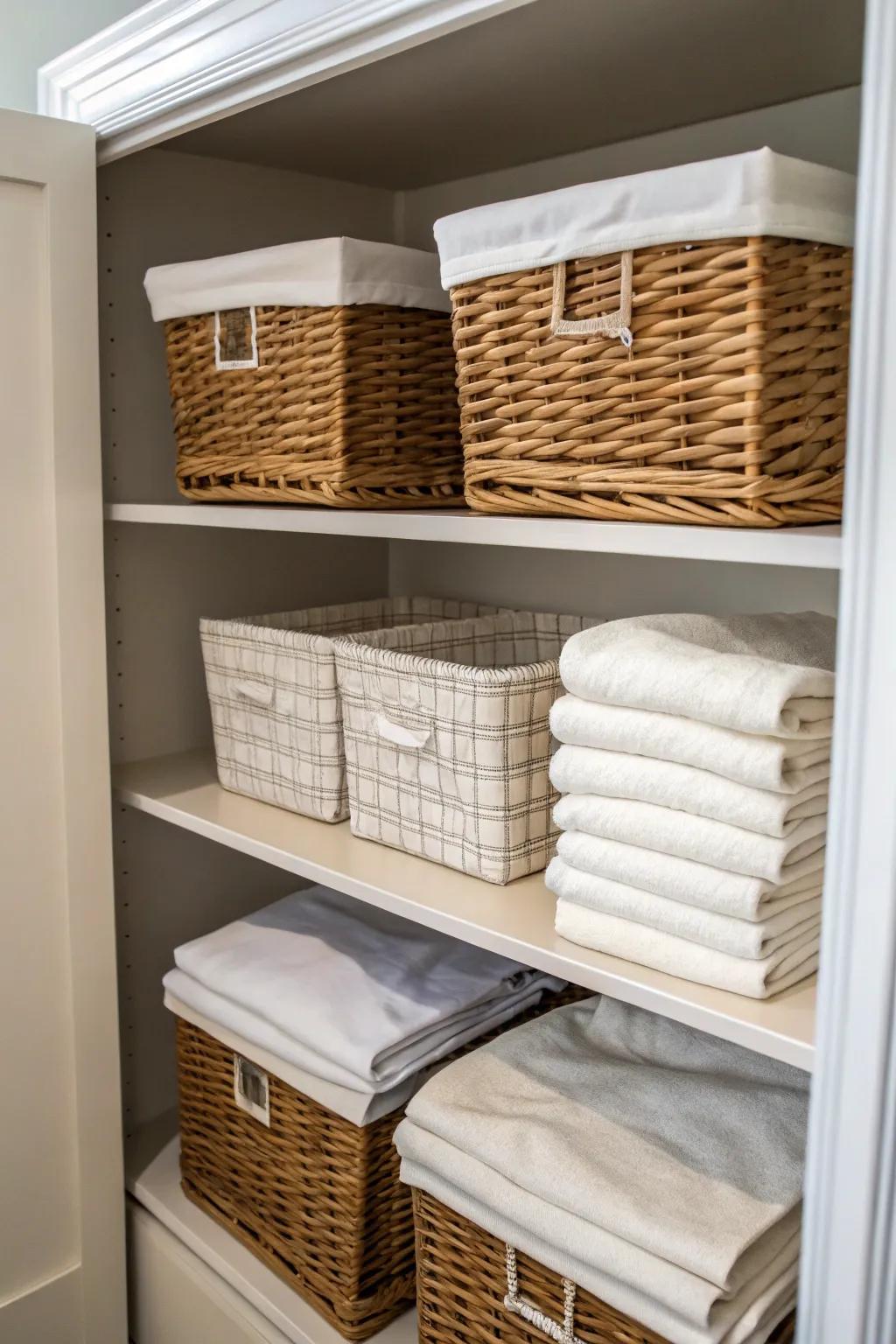 Nesting baskets offer a compact and charming sheet storage solution.