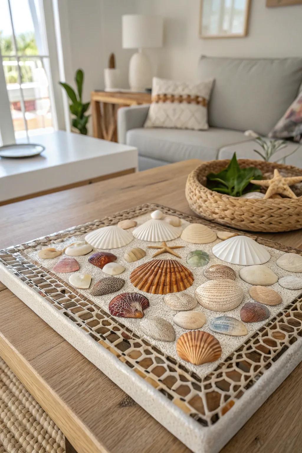 Bring the sea indoors with this stunning shell mosaic tabletop, where simplicity meets natural elegance.