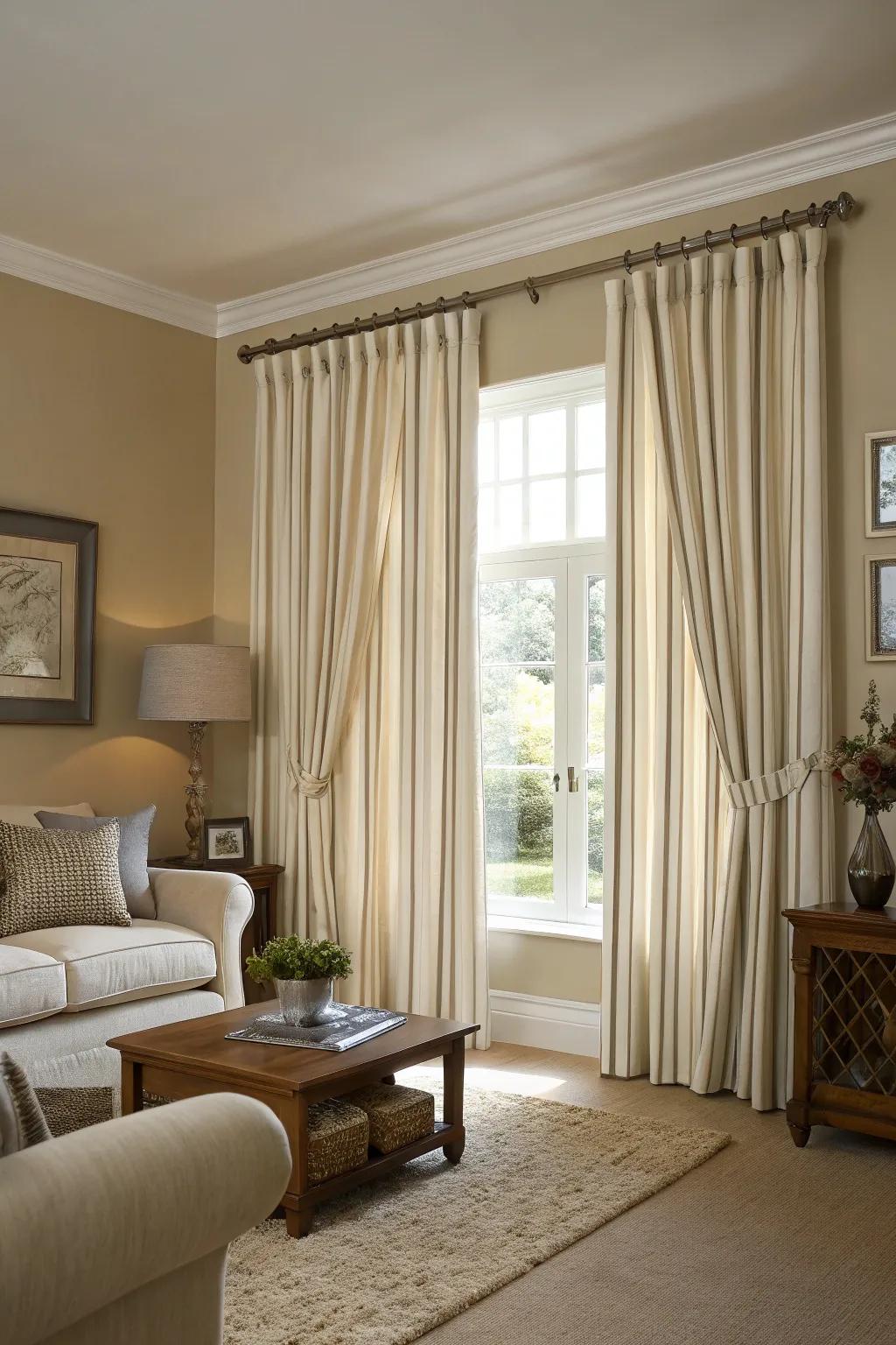 Vertically striped short curtains creating the illusion of height.