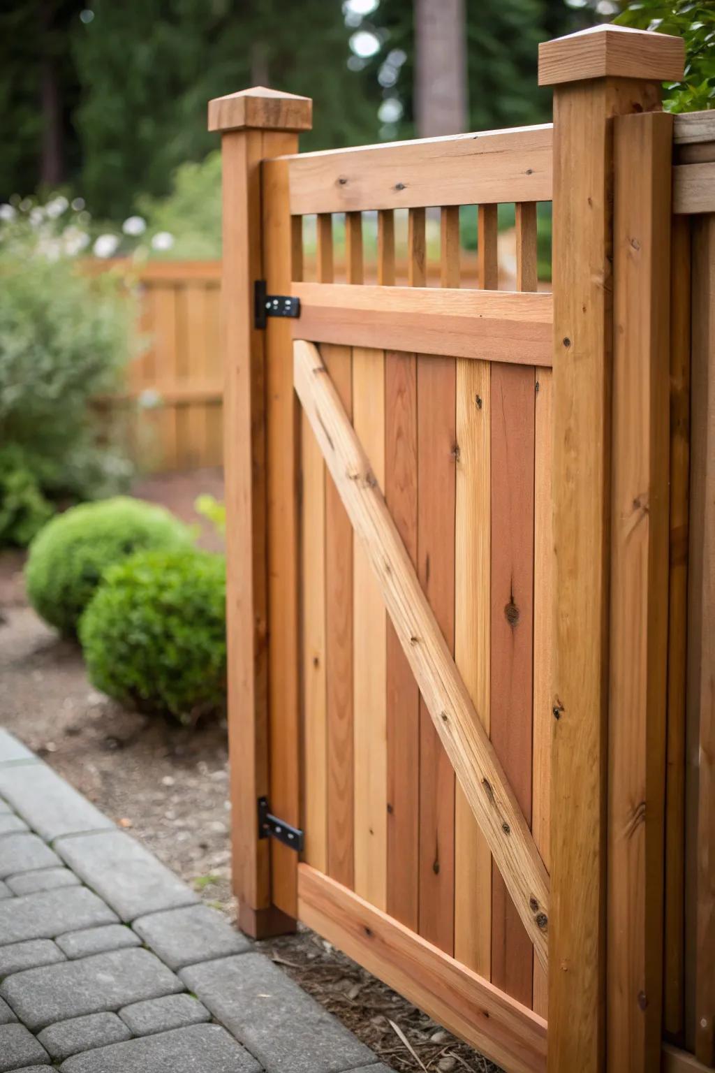 Embrace the timeless elegance of cedar with this beautifully crafted fence gate, where durability meets natural beauty.