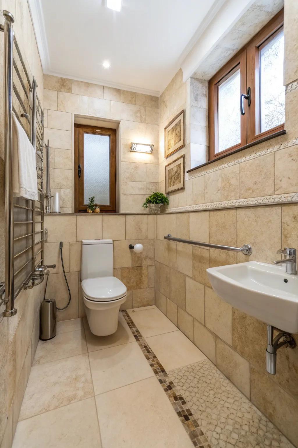 Natural stone tiles offer elegance and safety in small bathrooms.