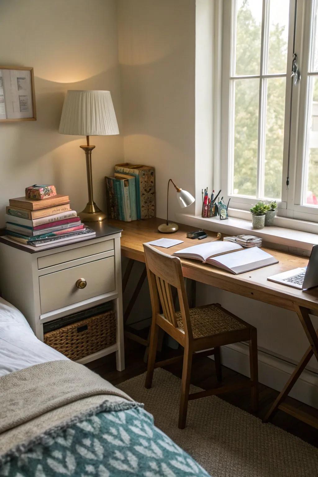 Placing the desk opposite the bed creates distinct work and relaxation areas.