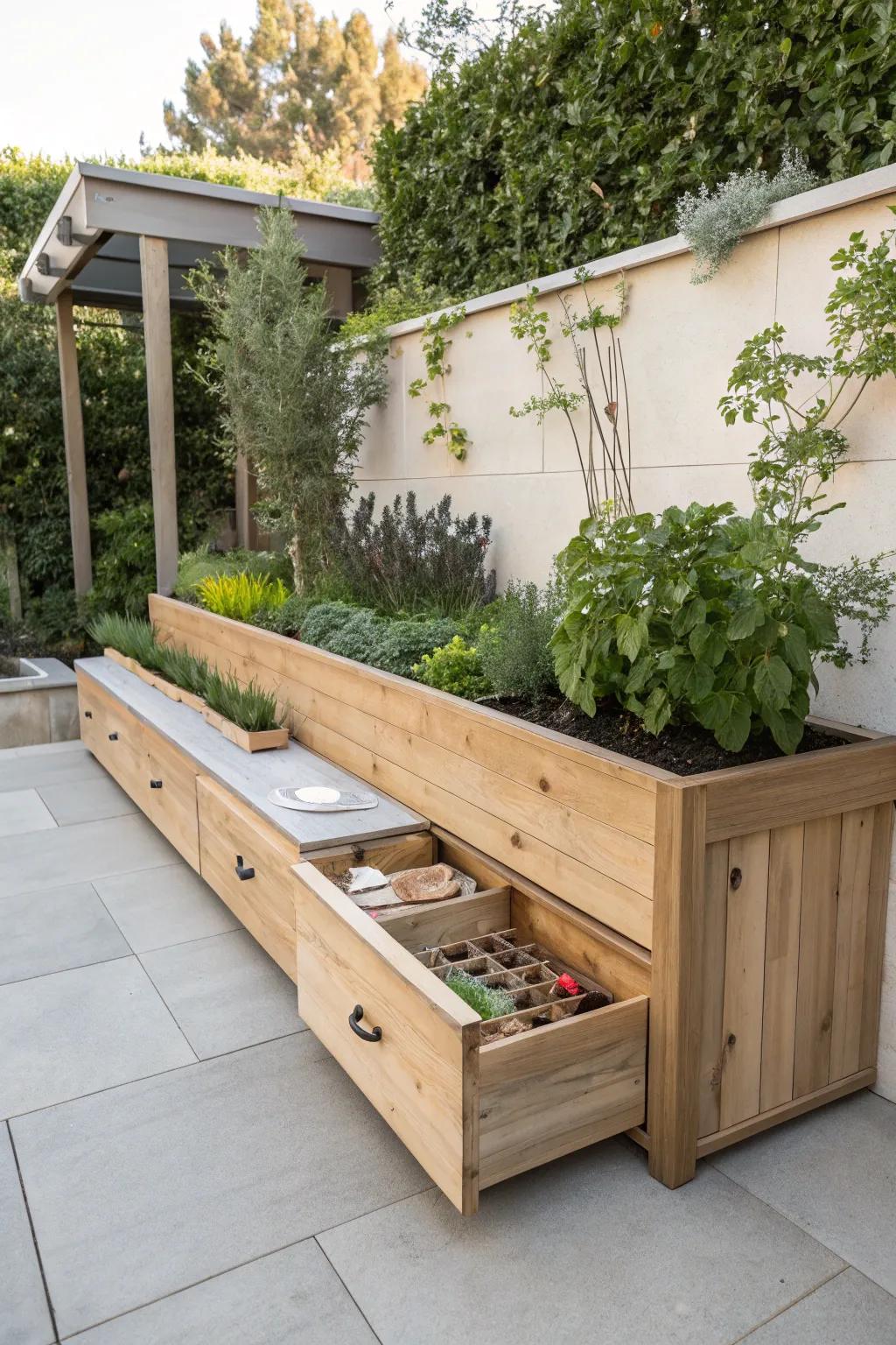 Elevate your garden with style and function: A minimalist raised bed with hidden storage.