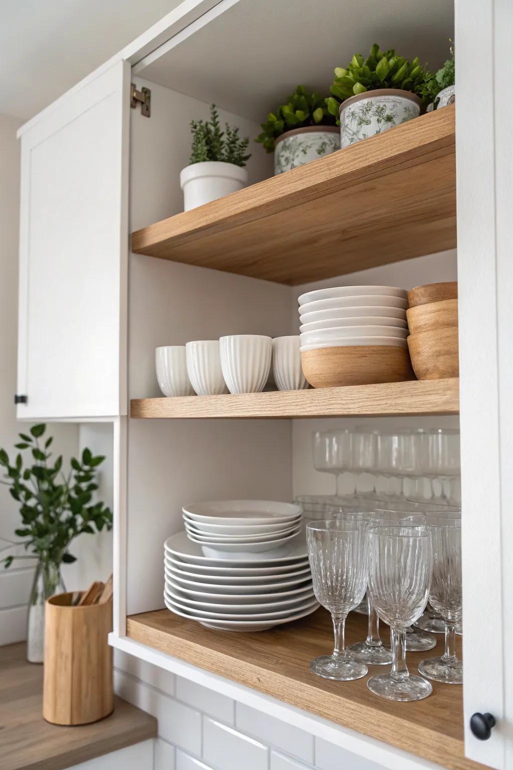 Elevate your kitchen organization with stylish shelf risers for a touch of minimalist charm.