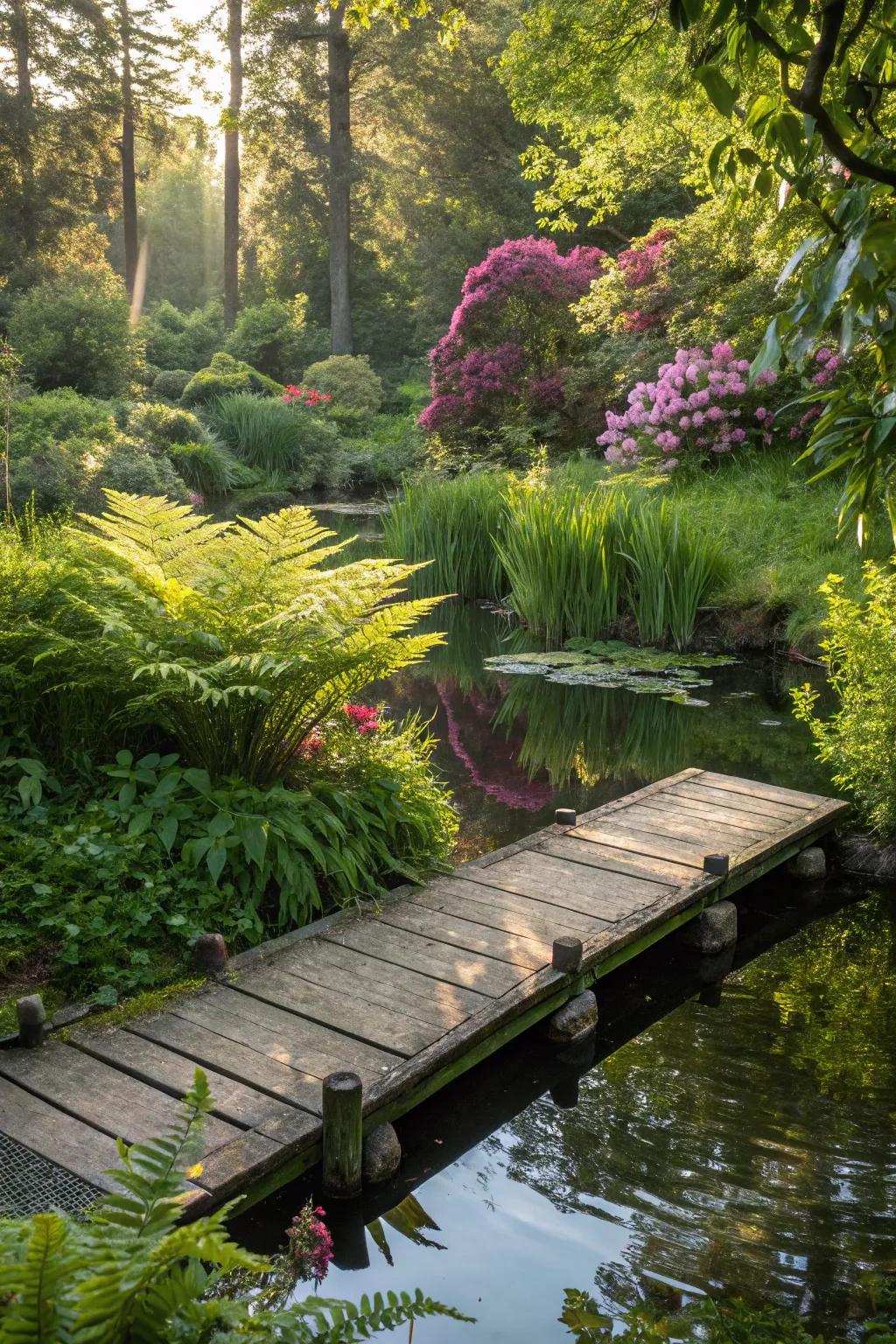 Escape to tranquility: A lush oasis awaits at your pond dock.