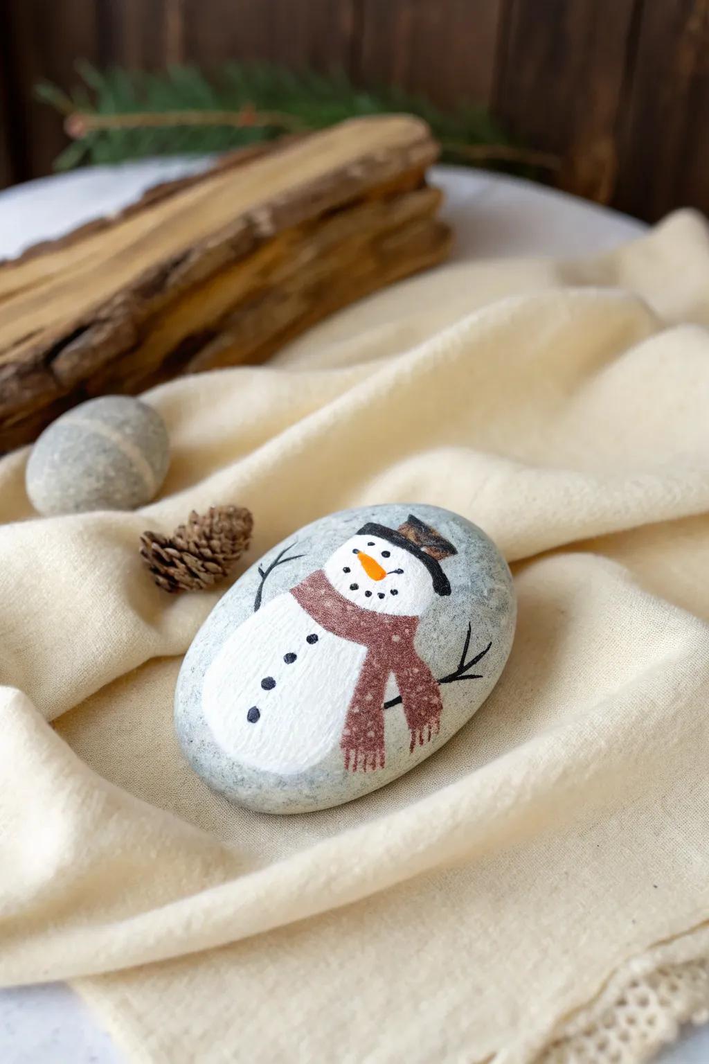 Embrace the cozy charm of winter with a minimalist snowman rock adorned with tactile textures.