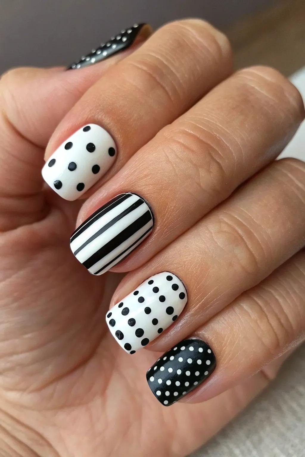 Revive the retro charm with these stunning black and white square nails.