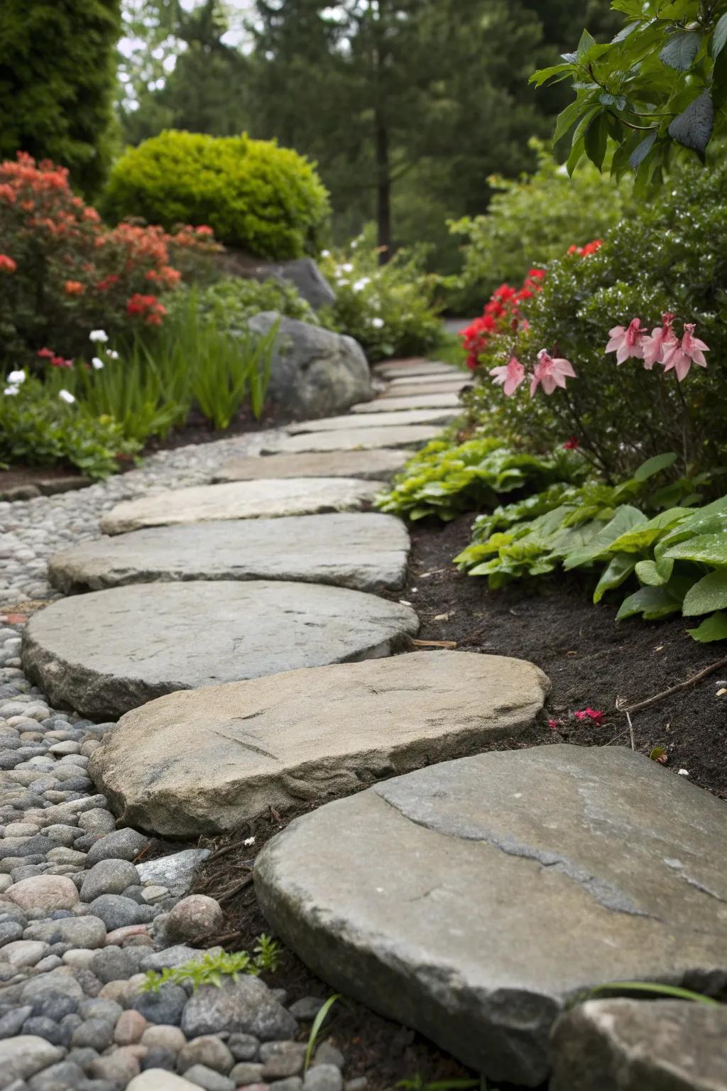 Transform your garden with stepping stone edging that doubles as a charming pathway, enriching both aesthetics and functionality.