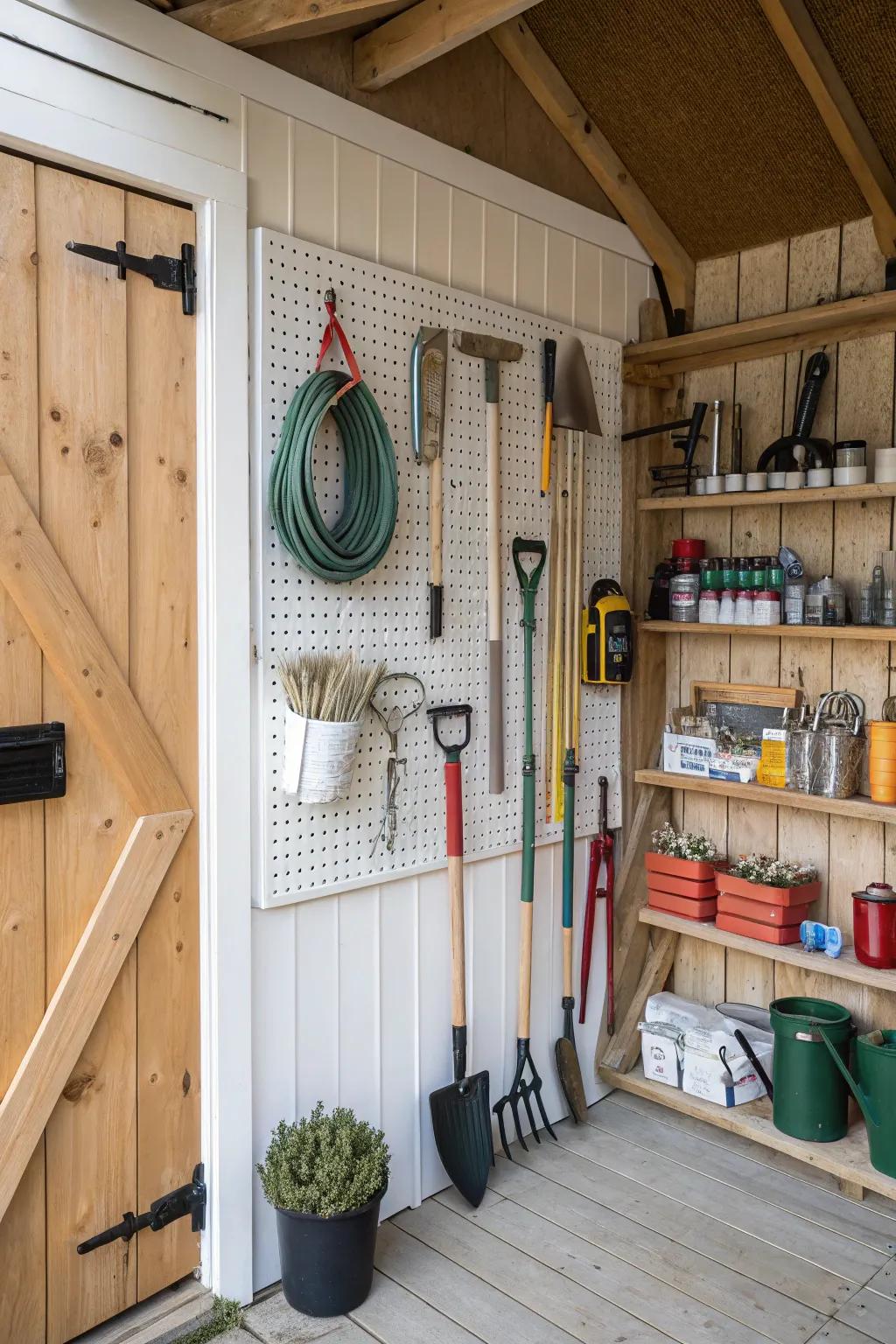 A well-organized shed keeps gardening tools within easy reach.