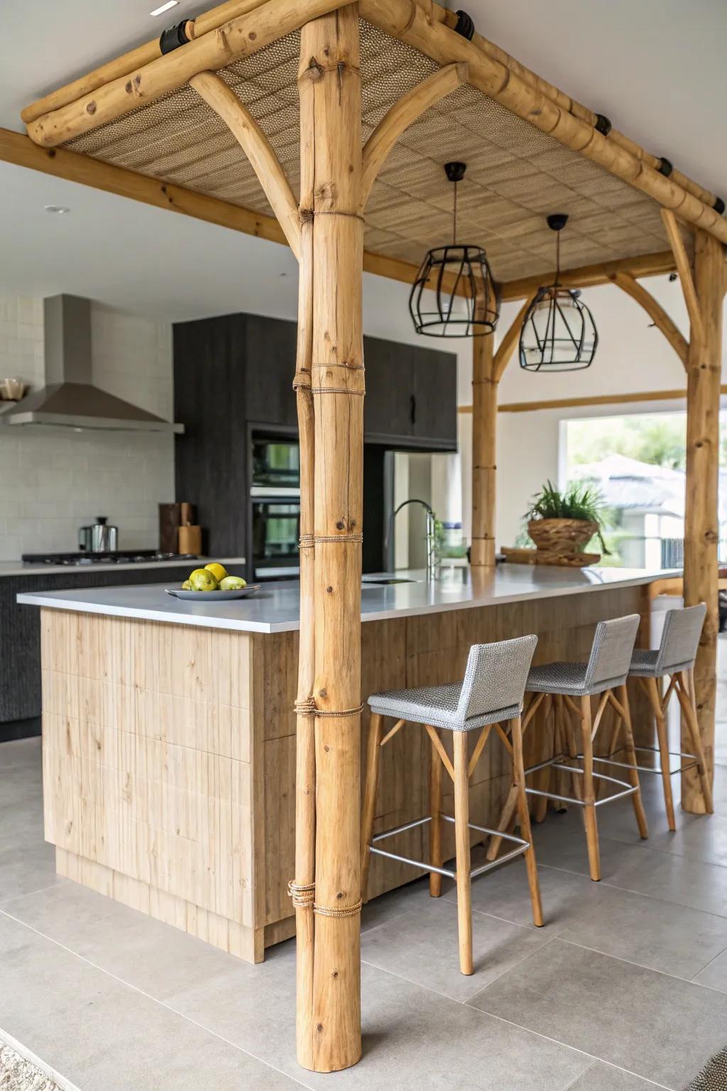 Sustainable bamboo posts and beams in a stylish kitchen island.