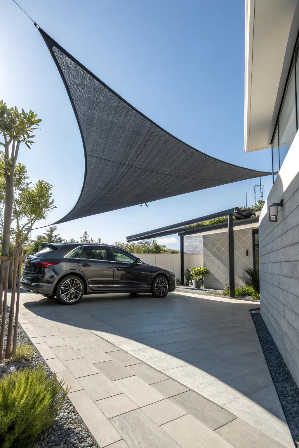 Stay cool and stylish: Elevate your driveway with a sleek sun shade sail.