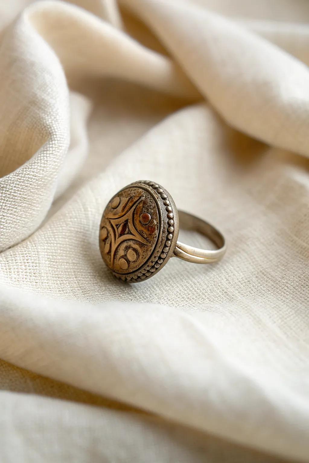 Transform vintage charm into wearable art with this exquisite button ring.