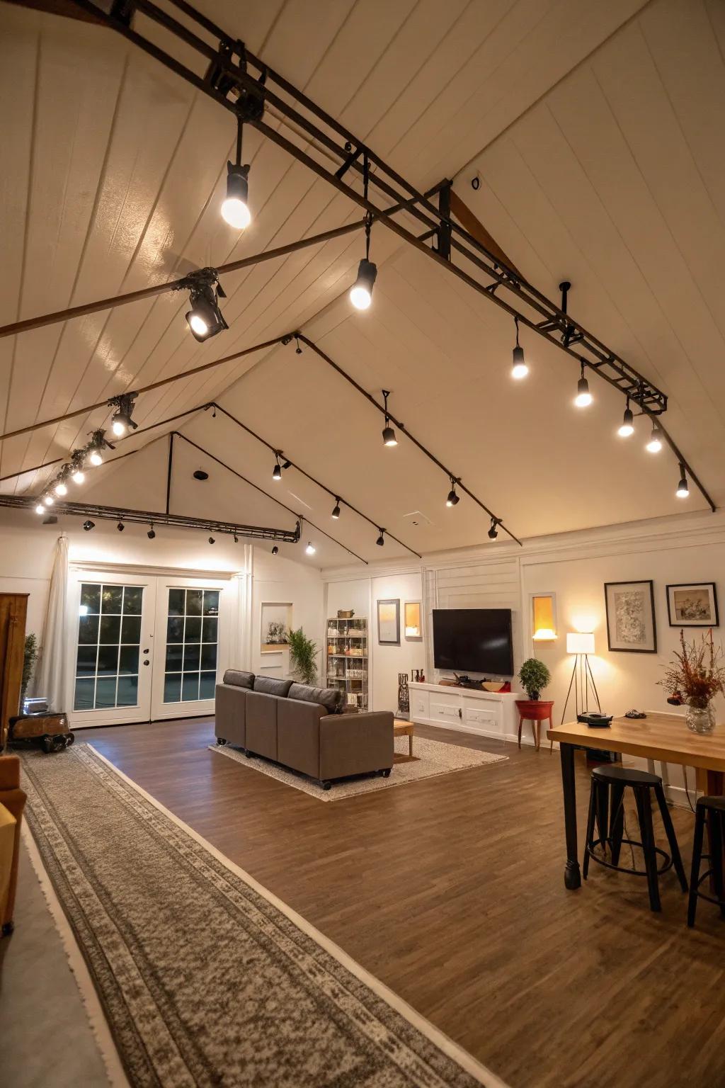 Adaptable track lighting accommodates changes in room layout with ease.