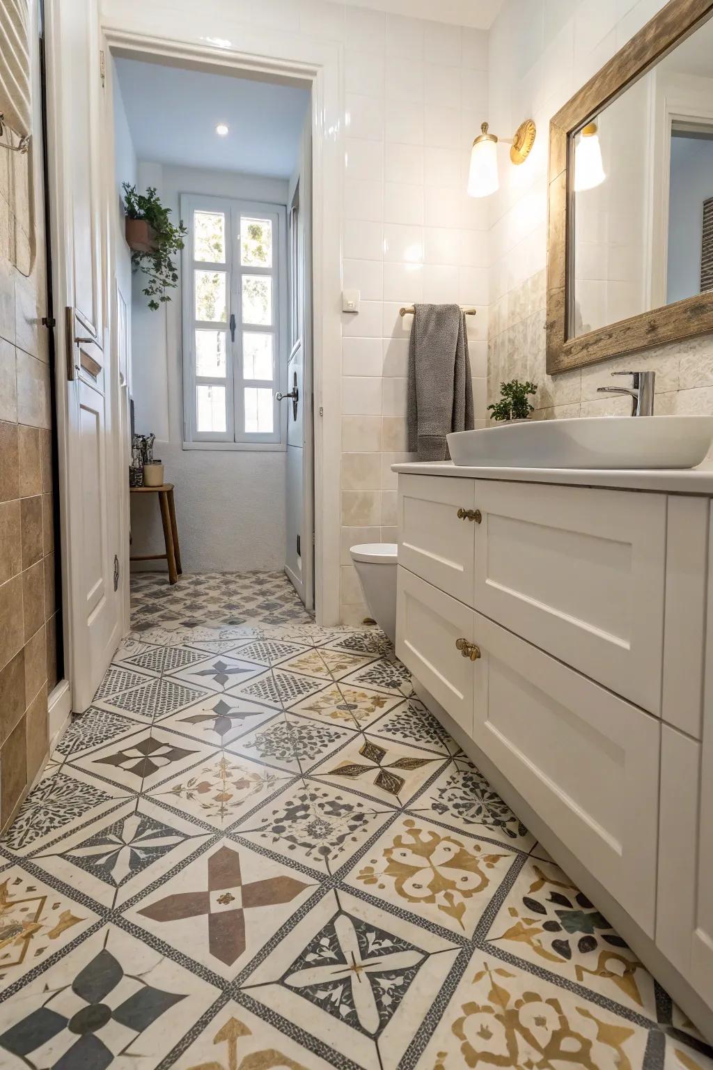 Bold floor tiles add drama and style to a transitional space.