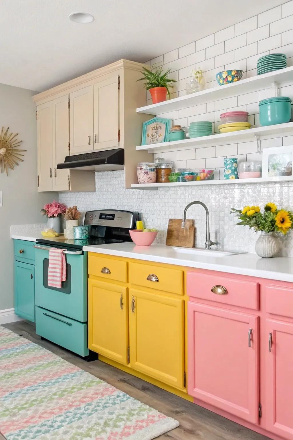 Vibrant accents add a lively touch to this kitchen.