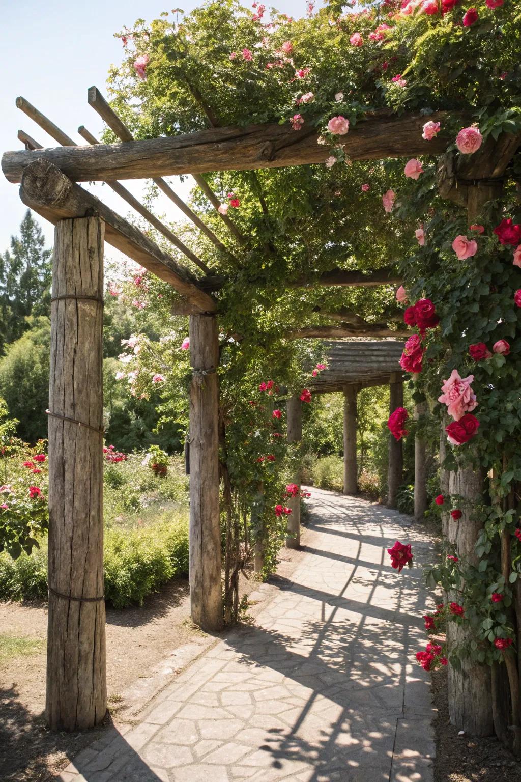 Step into a magical garden retreat with a handcrafted tree trunk arbor adorned with climbing roses.