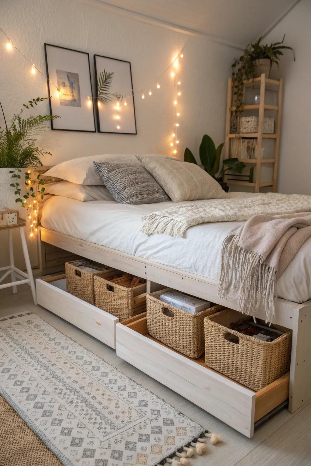 Transform your underbed storage into a cozy, fairytale retreat with enchanting string lights.