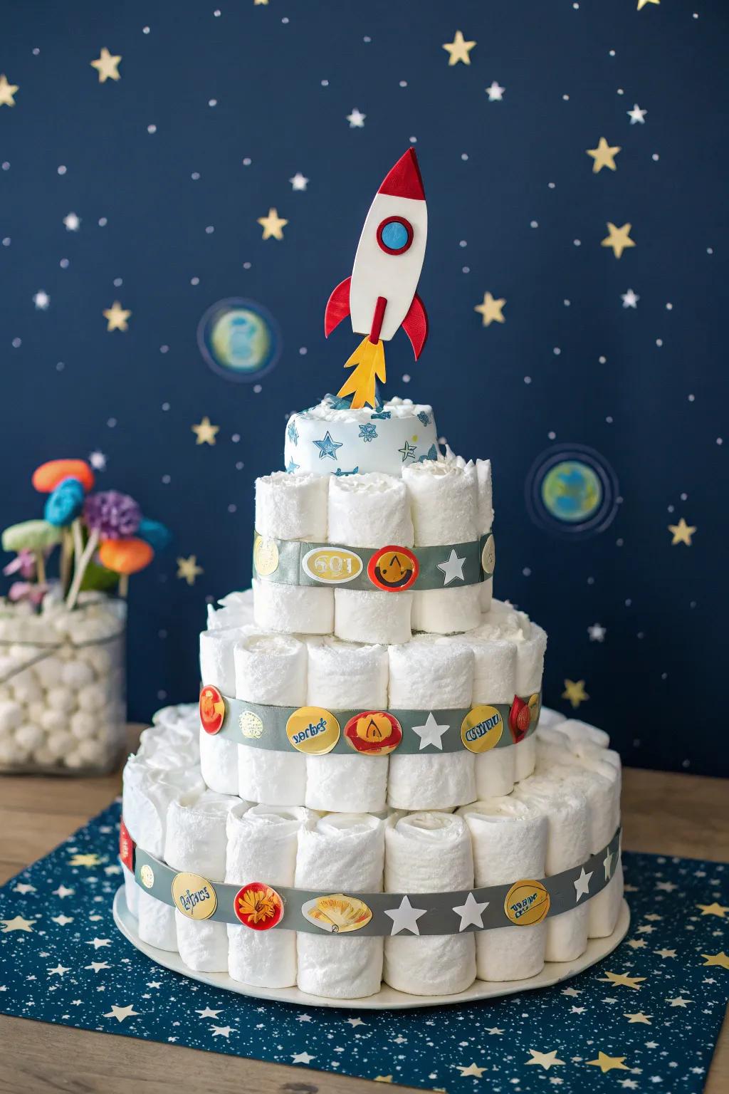 Launch into parenthood with this stellar outer space diaper cake!