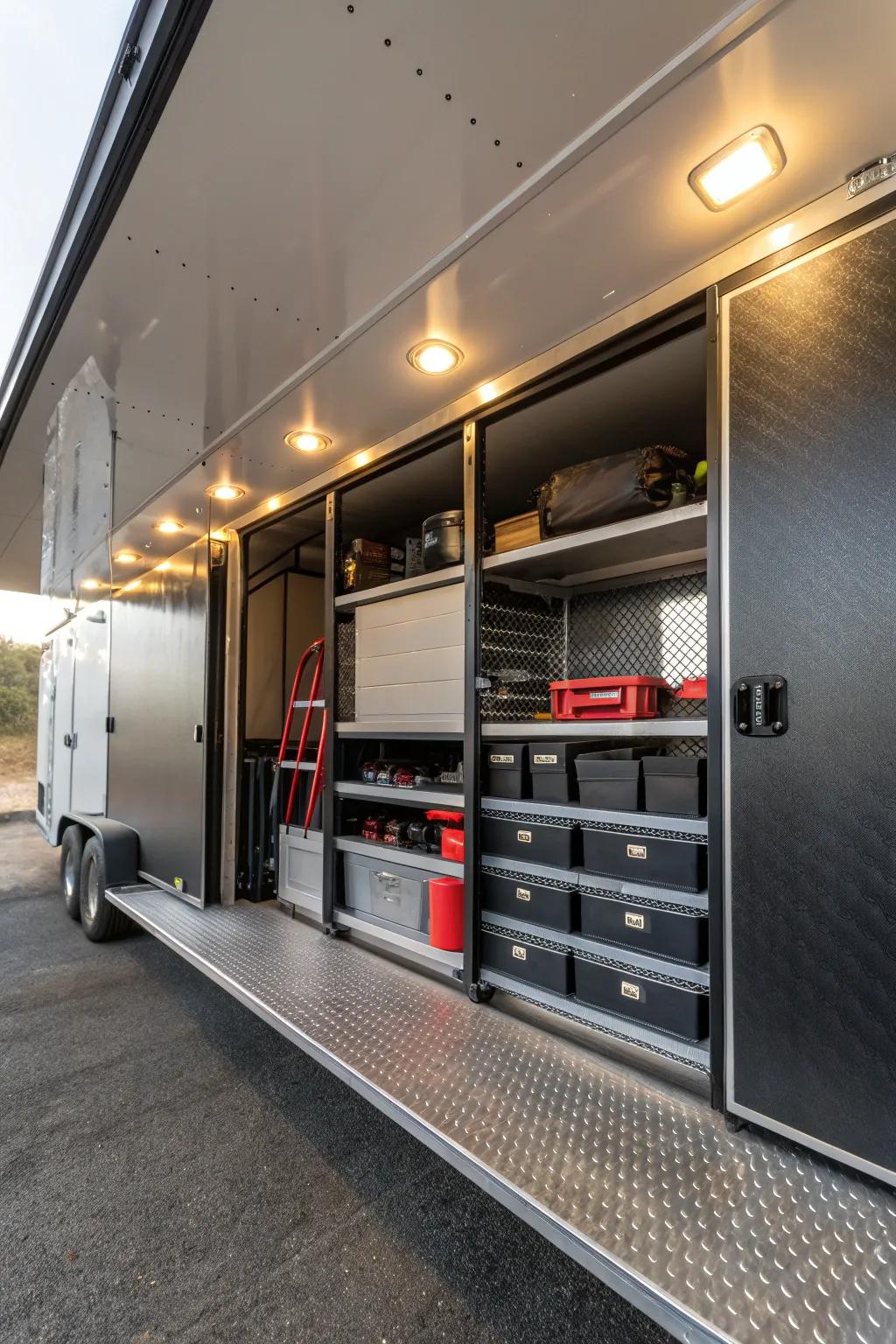 Maximize your trailer's potential with the versatile E-track shelving system—where functionality meets style.