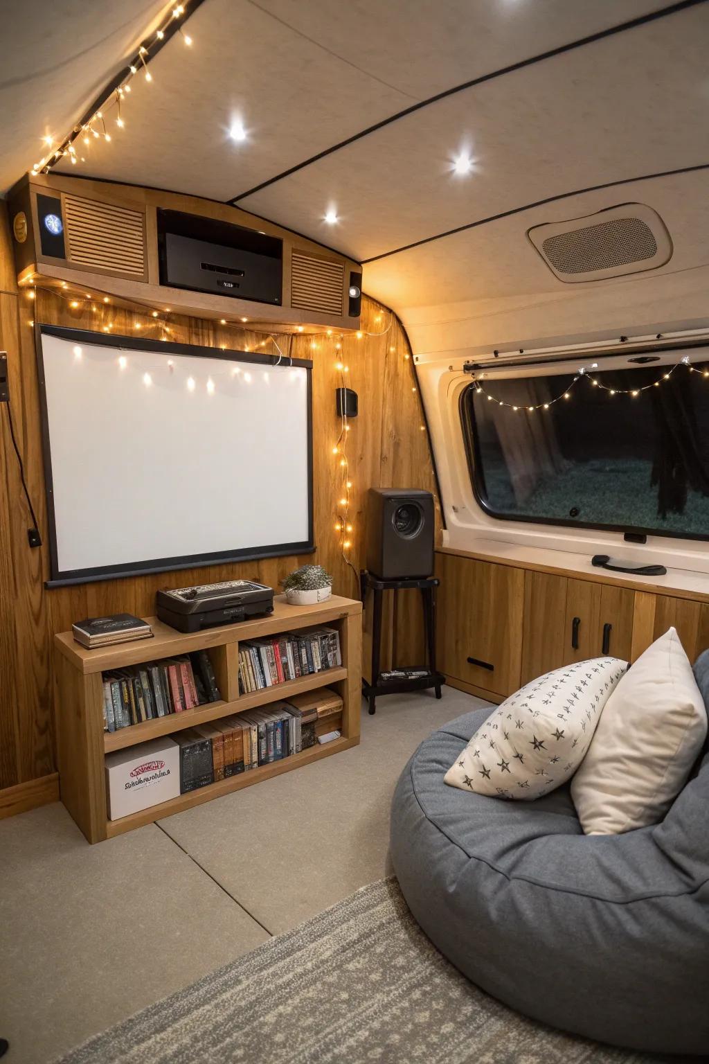 Transform your van into a cinematic escape with a cozy entertainment nook—experience movie magic wherever you roam.