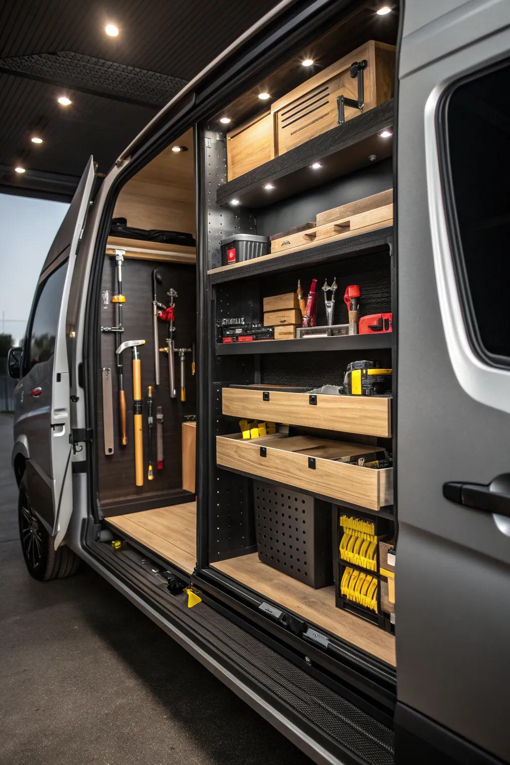 Maximize efficiency with sleek sliding doors and quick-access shelves for your go-to carpentry tools.