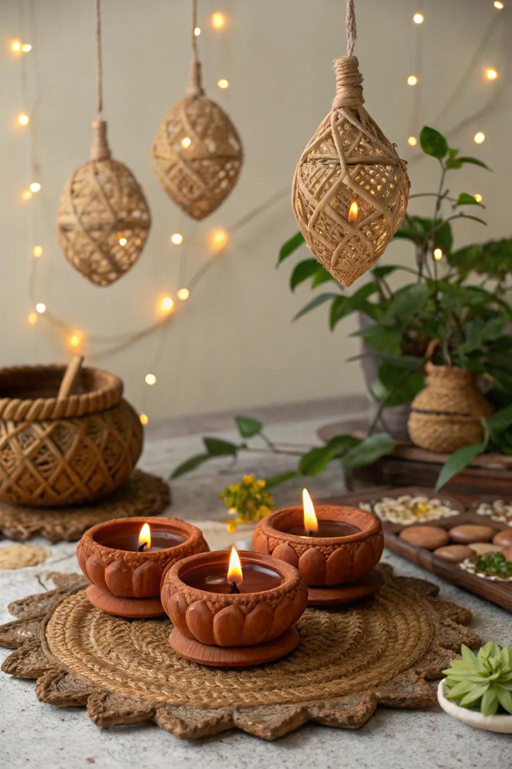 Eco-friendly decor elements enhancing the Varalakshmi Vratam celebration.