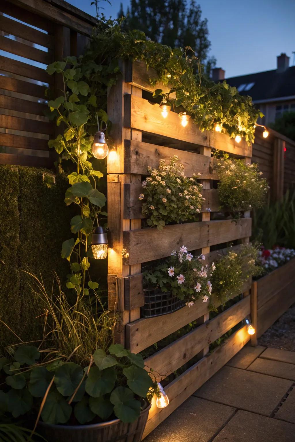 Transform your outdoor space with enchanting solar-lit pallet gardens.