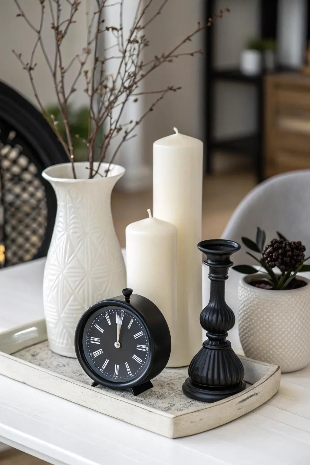 A sleek monochrome vignette with minimalist decor.