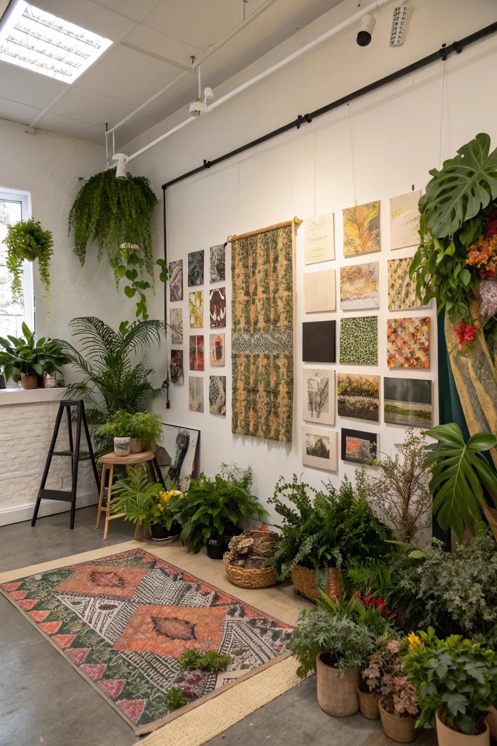 An artistic studio showcasing a vibrant plant collage, blending creativity with nature.