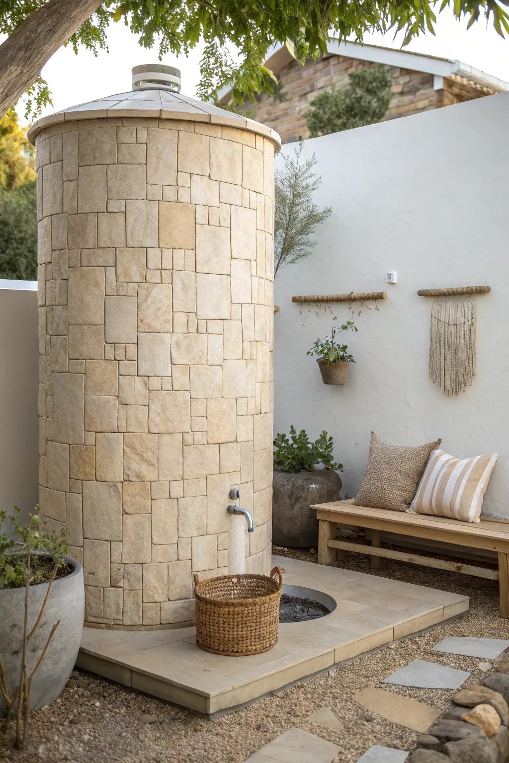 Transform your outdoor space with the natural beauty of faux stone panels—effortless elegance for your water tank.