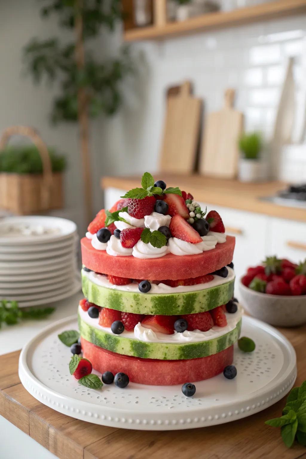Elevate your dessert game with this stunning layered watermelon cake, a refreshing blend of simplicity and elegance.