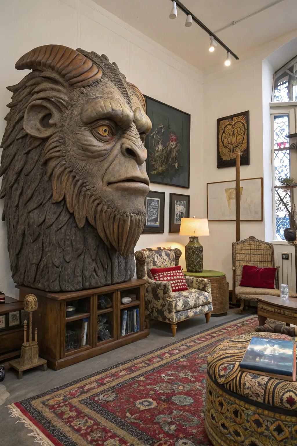 A fantastical head sculpture serves as a dramatic centerpiece in eclectic settings.
