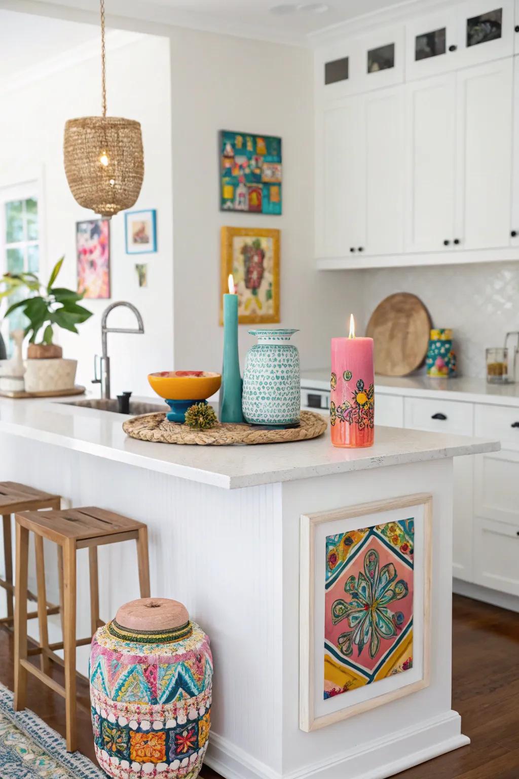 Personalized style through eclectic decor in a white kitchen.