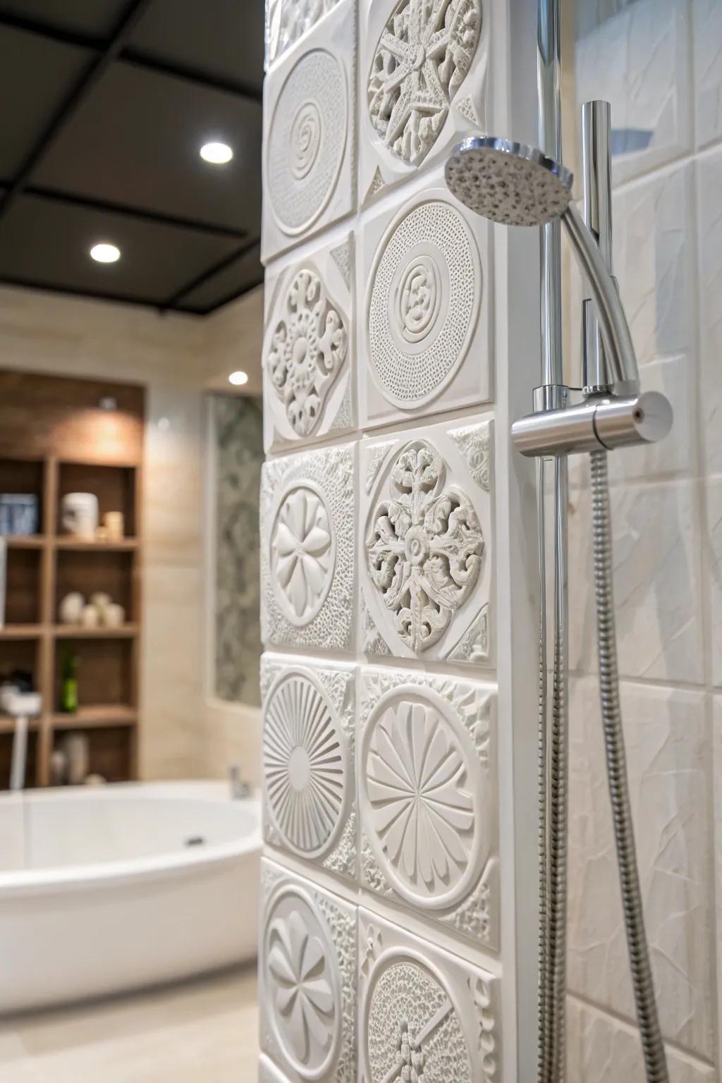 Sculptural tiles add artistic textures to a white shower.