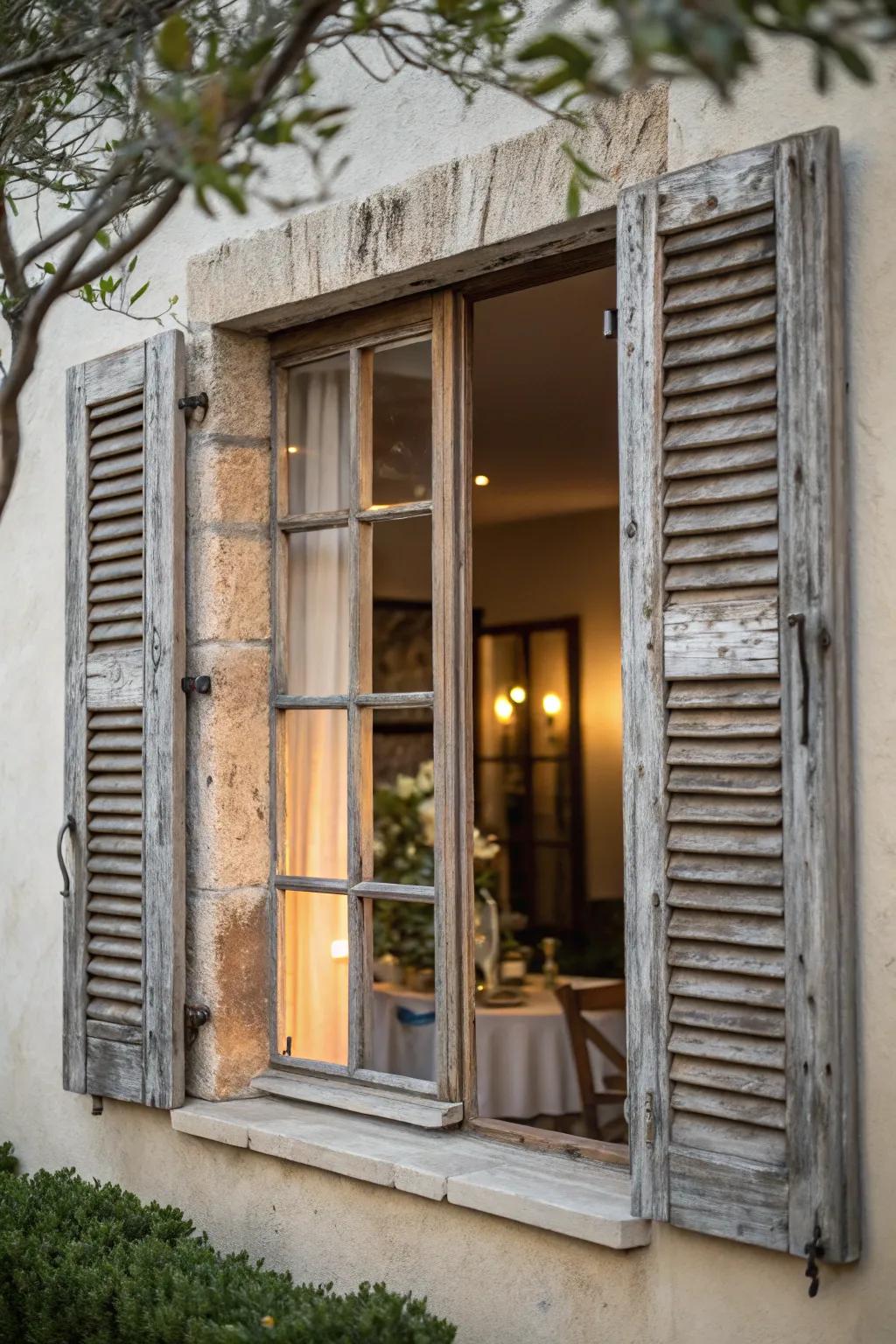 Repurposed shutters frame a window with rustic character.