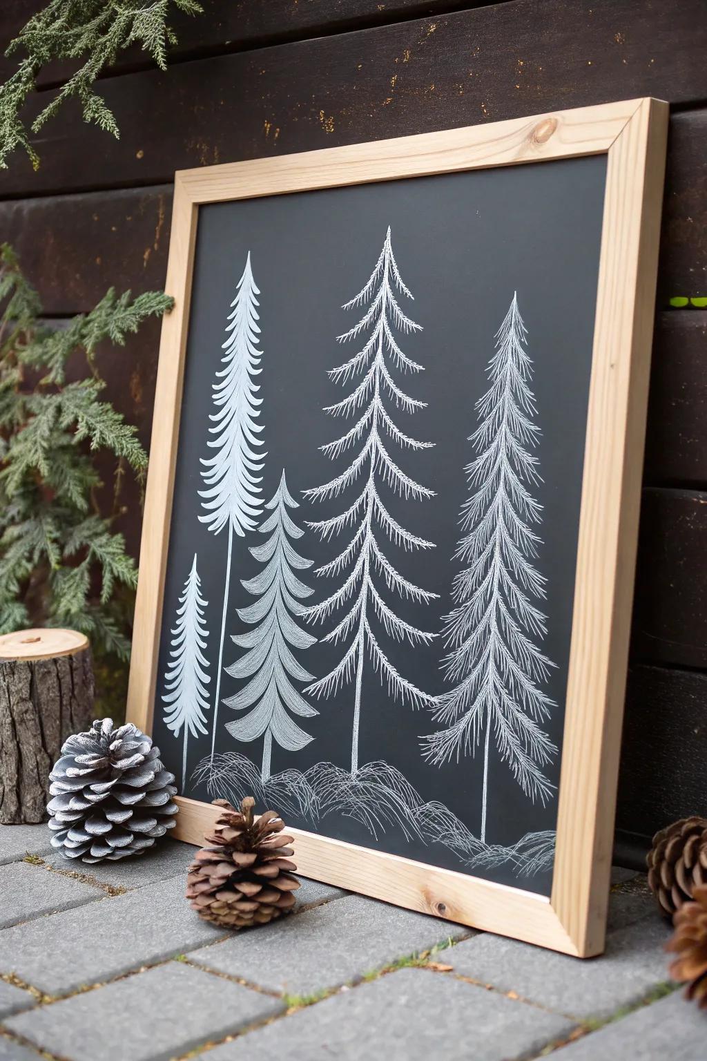 Escape to a serene winter woodland with this minimalist chalkboard art.