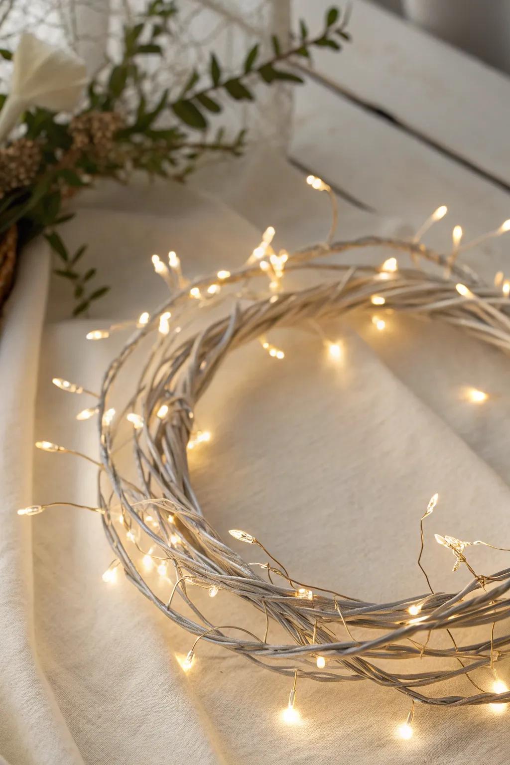 Illuminate your space with a touch of magic: a minimalist wire wreath wrapped in twinkling fairy lights.