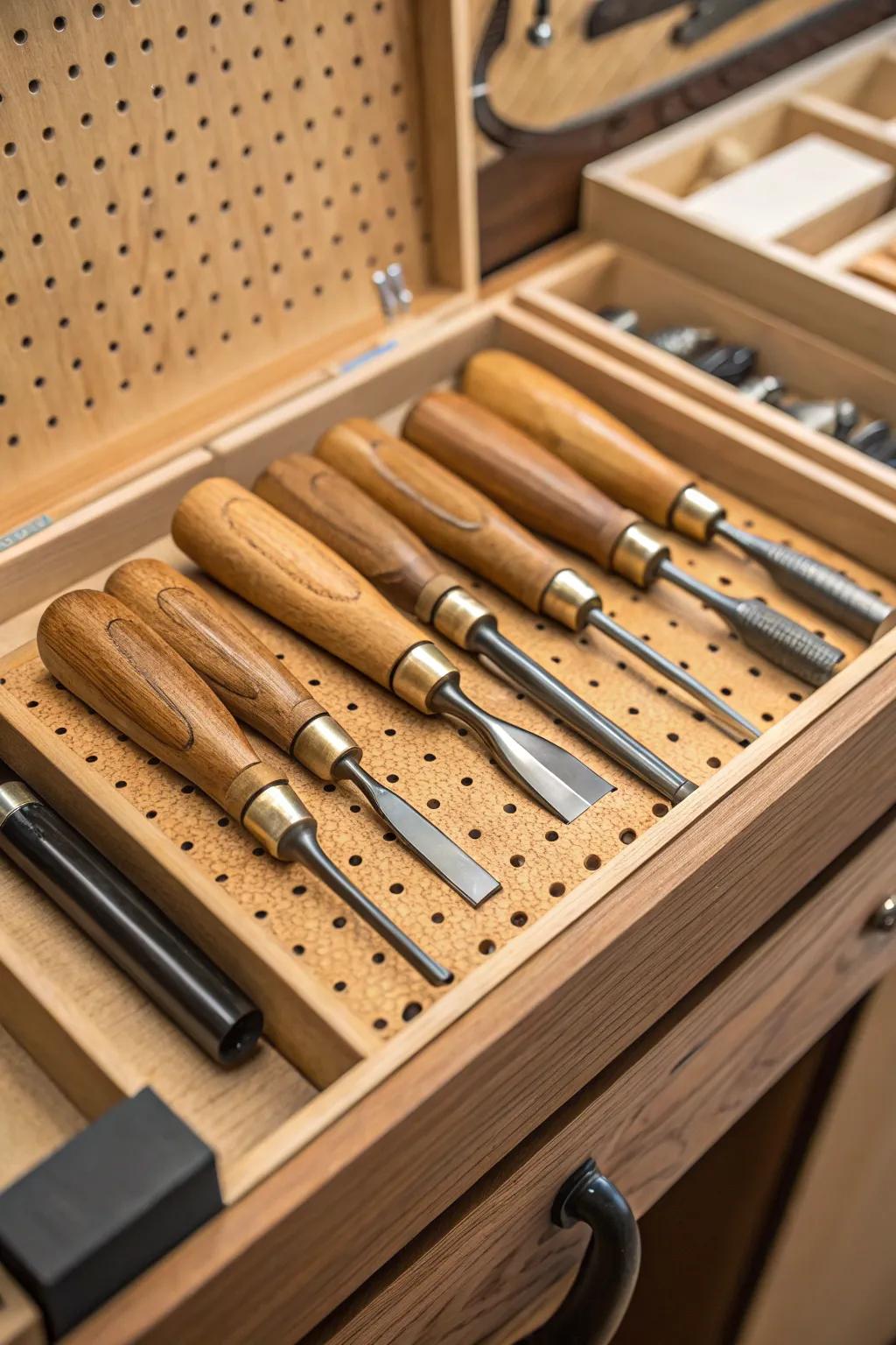 Transform your workspace with customizable pegboard storage for wood carving tools.