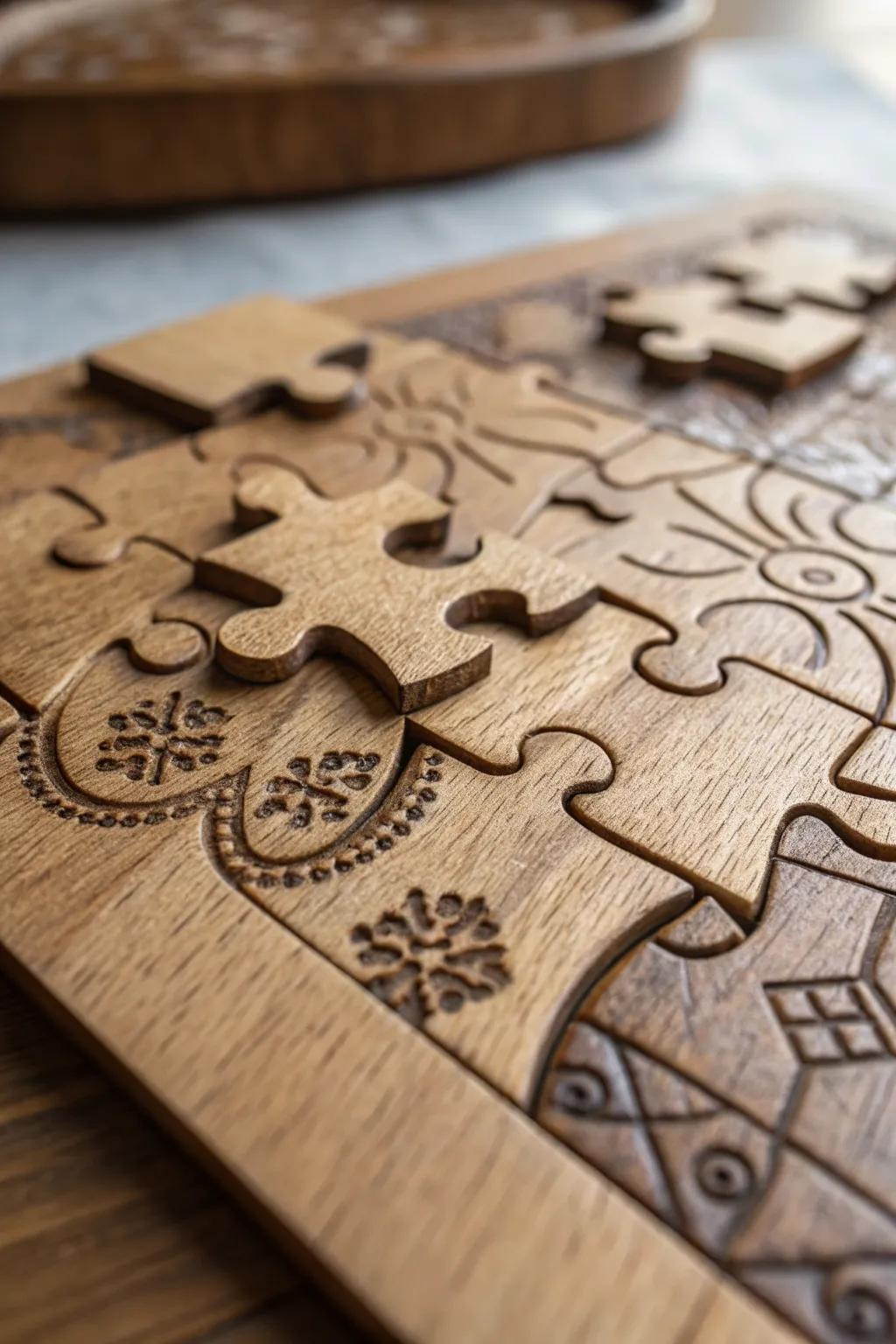 Discover the art of intricate wood engraving with this stunning puzzle piece. A perfect blend of challenge and display.
