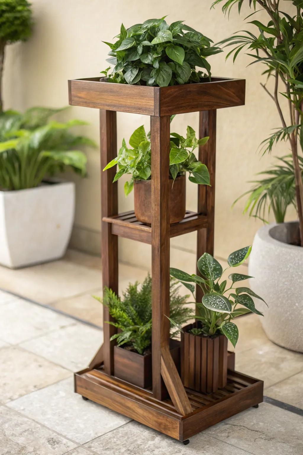 Elevate your home decor with this stunning wooden plant stand, perfect for showcasing your favorite greenery.