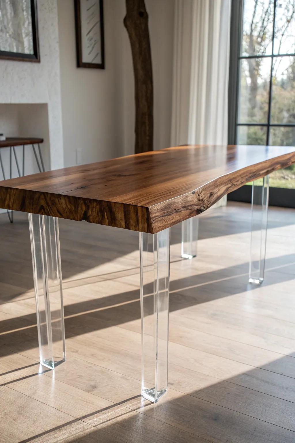 Experience the magic of floating design with these stunning acrylic leg supports for your wood slab table.