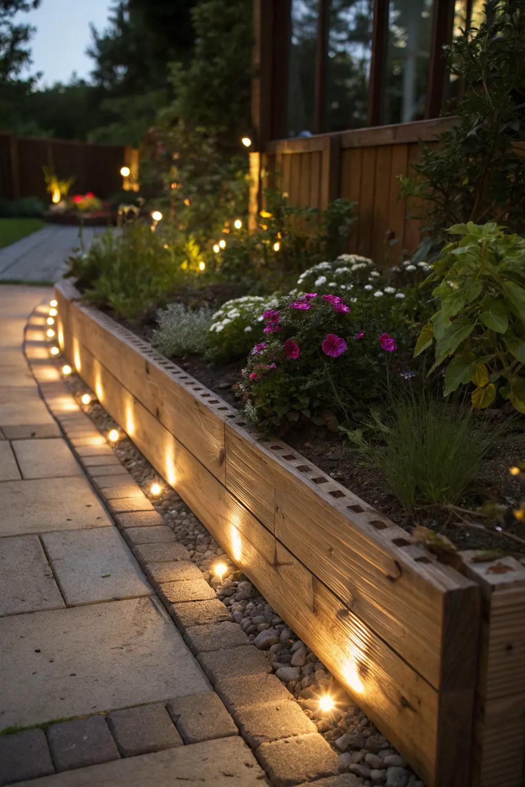Transform your garden with elegant wood edging and ambient lighting for a magical night-time allure.