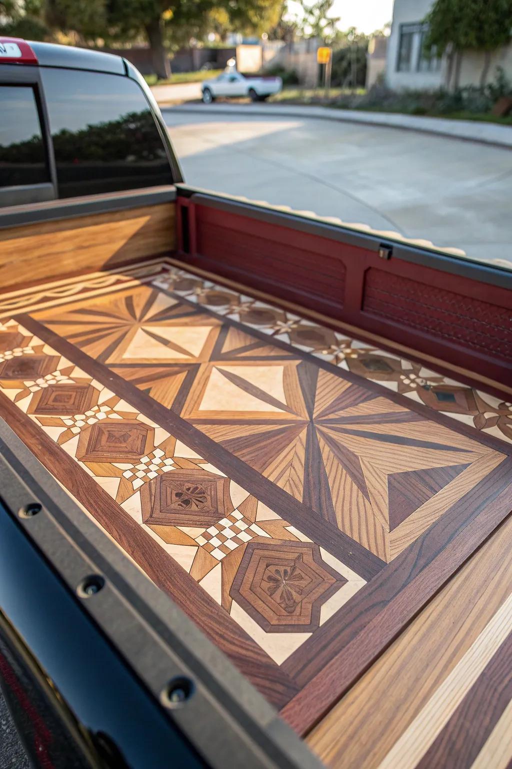 Elevate your truck bed with the timeless elegance of artistic wood inlays.