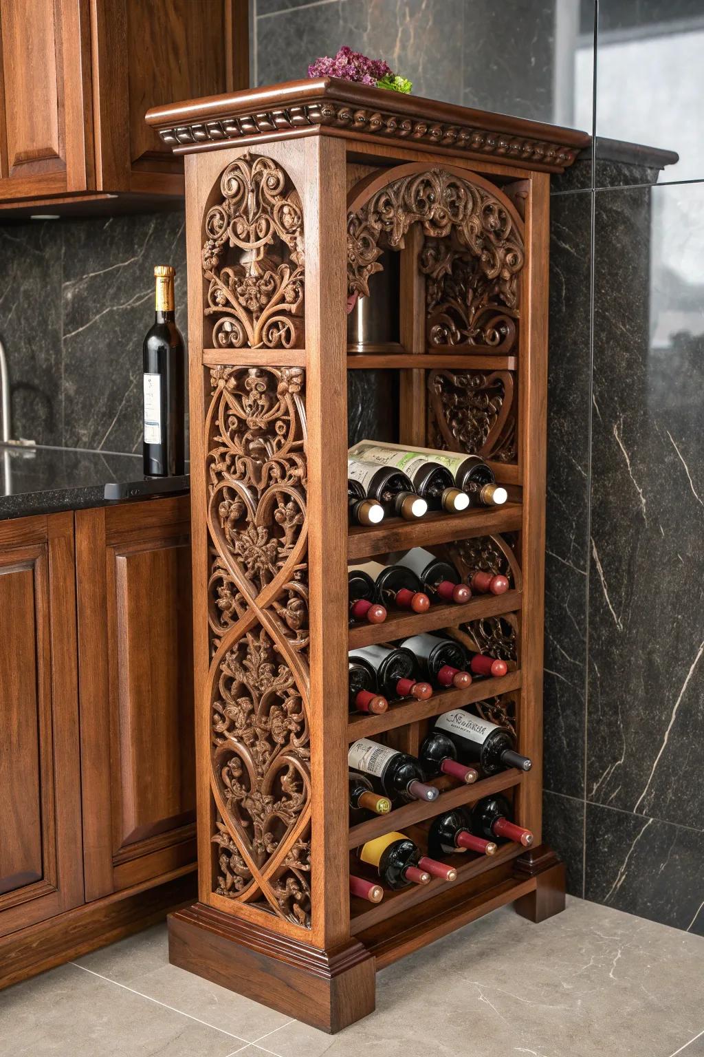 Elevate your home decor with this exquisite handcrafted wooden wine rack, where elegance meets functionality.